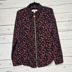 MICHAEL Michael Kors Black and Red Rose Floral Pattern Zip Front Shirt